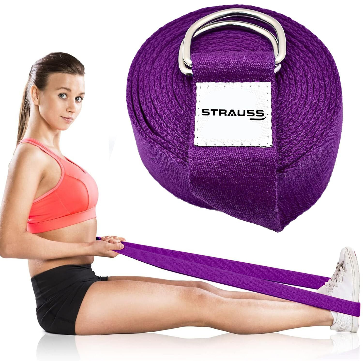 Strauss Yoga Strap & Stretching Belt | Ideal for Yoga, Pilates, Therapy, Dance, Gymnastics & Flexibility | 60% Thicker Belt with Extra Safe Adjustable Metal D-Ring Buckle | Eco-Friendly, 8 feet (Purple)