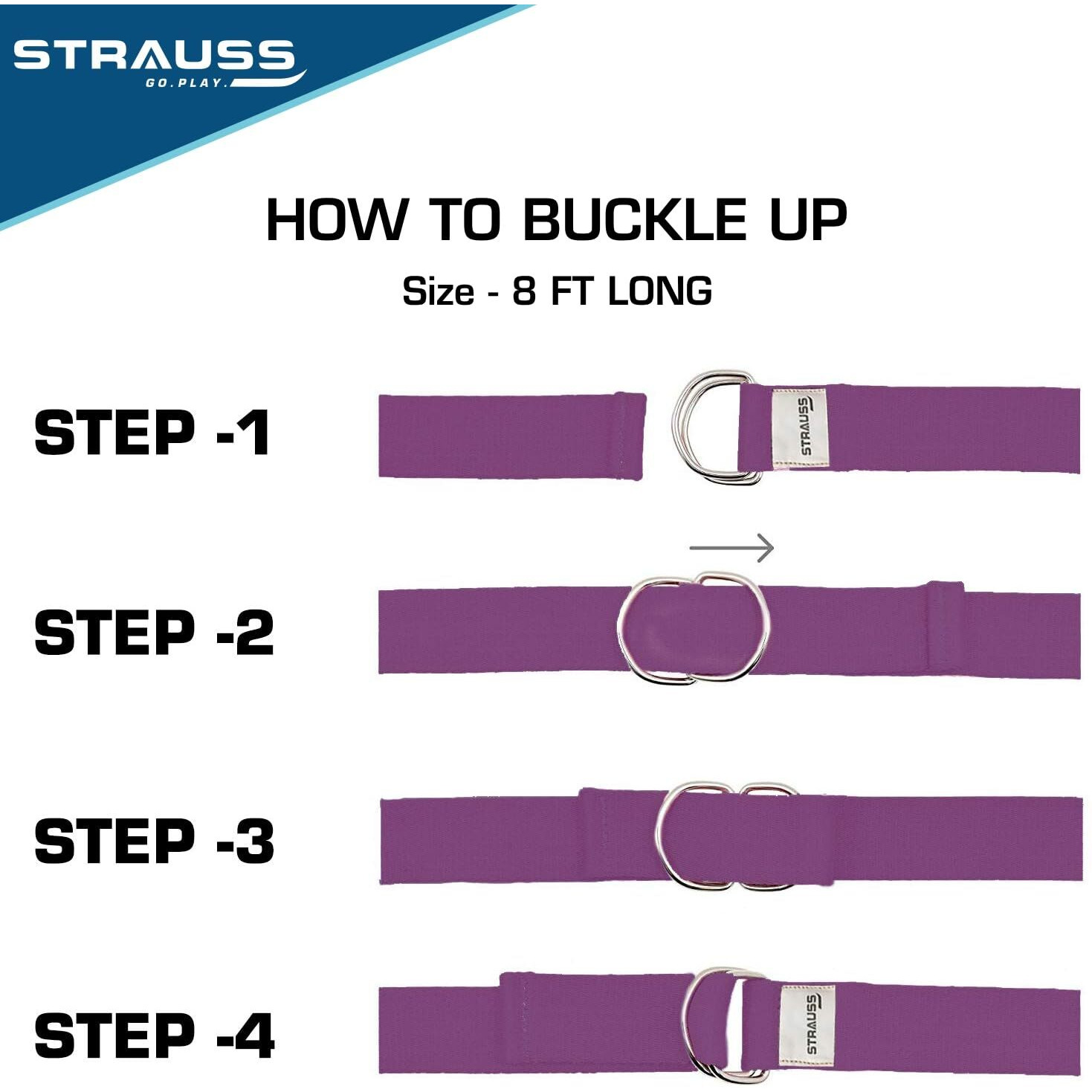 Strauss Yoga Strap & Stretching Belt | Ideal for Yoga, Pilates, Therapy, Dance, Gymnastics & Flexibility | 60% Thicker Belt with Extra Safe Adjustable Metal D-Ring Buckle | Eco-Friendly, 8 feet (Purple)