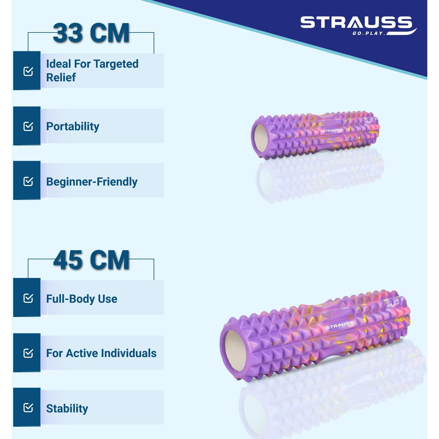 Strauss Grid Foam Roller | Eco-Friendly Spikes Foam Roller | Light Weight & Travel-Friendly Foam Roller for Relieve Muscle Tightness, Soreness & Inflammation,33 CM (Multicolor Purple)