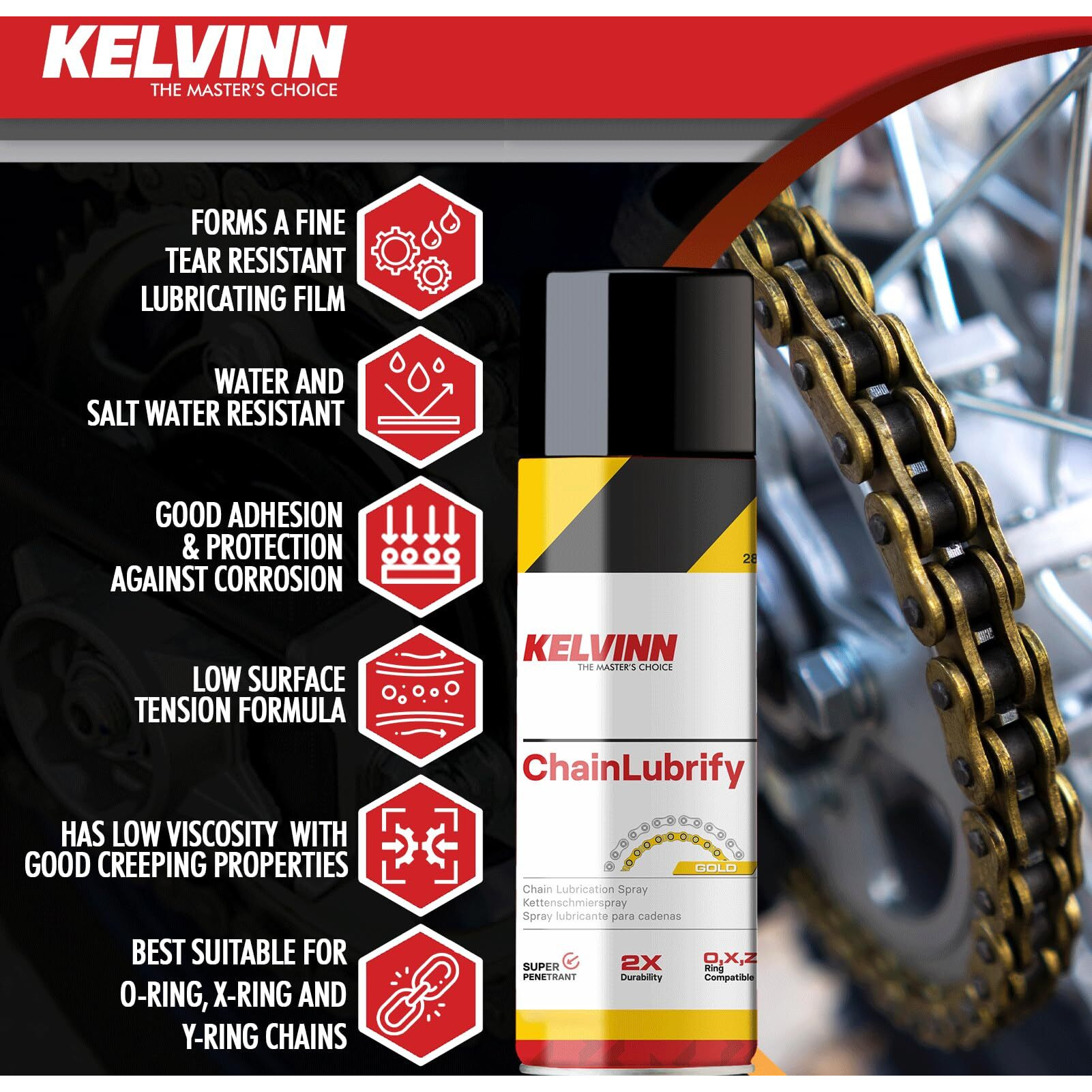 KELVINN Bike Chain Lube, 500ml Durable, Tear & Noise-Reducing Lubricant for Rain & Corrosion Protection | Prevents Sling-off & Chain Breakage | Ensures Extended Chain Life  Gold
