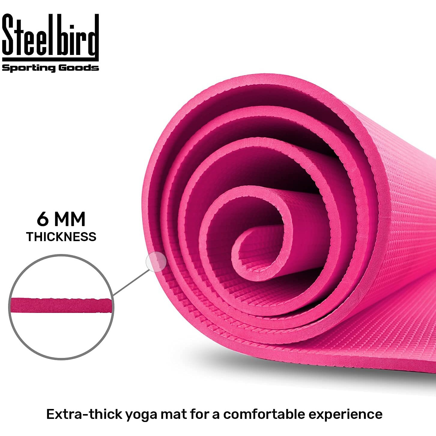Steelbird Yoga Mat for Men and Women 6 x 2 Feet Wide Extra Thick Exercise Mat For Workout,Yoga,Fitness,Gym, Pilates And High-Density Anti-Tear Non-Slip Light Weight Mat (6mm Thickness)