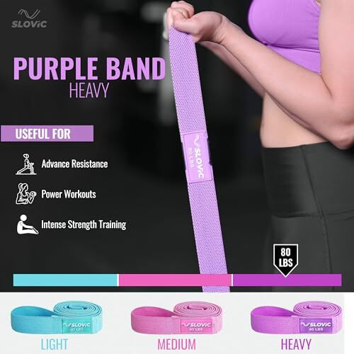 SLOVIC Long Fabric Resistance Bands | Heavy Resistance - Purple, 80LB | Anti-Slip Resistance Bands for Calisthenics with Workout Guide for Glutes, Hip, Thigh, Arms & Leg Workout (1 Year Warranty)