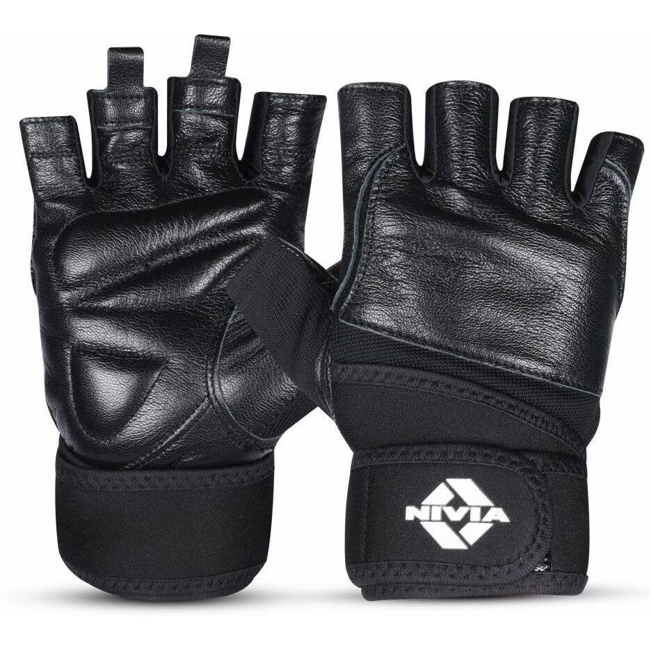 Nivia Venom Sports Gloves Genuine leather with neoprene strap Impact Foam for Palm Protection Half Finger Length Weight lifting Gloves -Small(Black)
