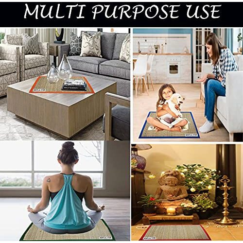 Montelal Store Kusha Grass Sitting Mat | Set of 4 | Prayer Meditation mat (Green, Korai Grass, Jute Threads, 20 X 23 Inches)