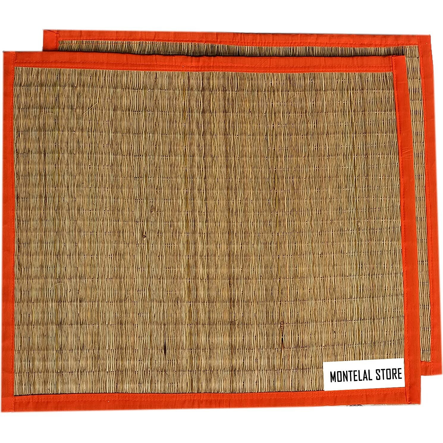 Montelal Store Kusha Grass Sitting Mat | Set of 2| aasan for Sitting (Orange, Korai Grass, Jute Threads, 20 X 23 Inches)
