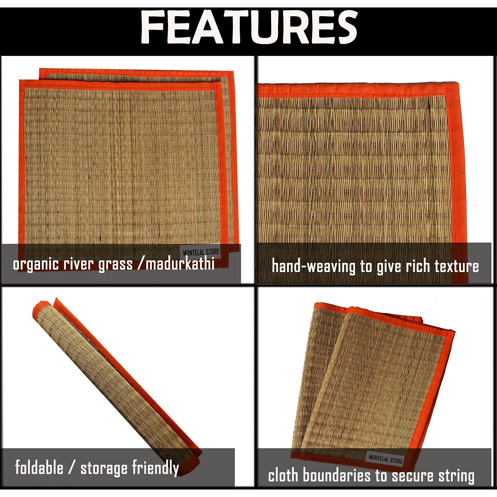 Montelal Store Kusha Grass Sitting Mat | Set of 2| aasan for Sitting (Orange, Korai Grass, Jute Threads, 20 X 23 Inches)