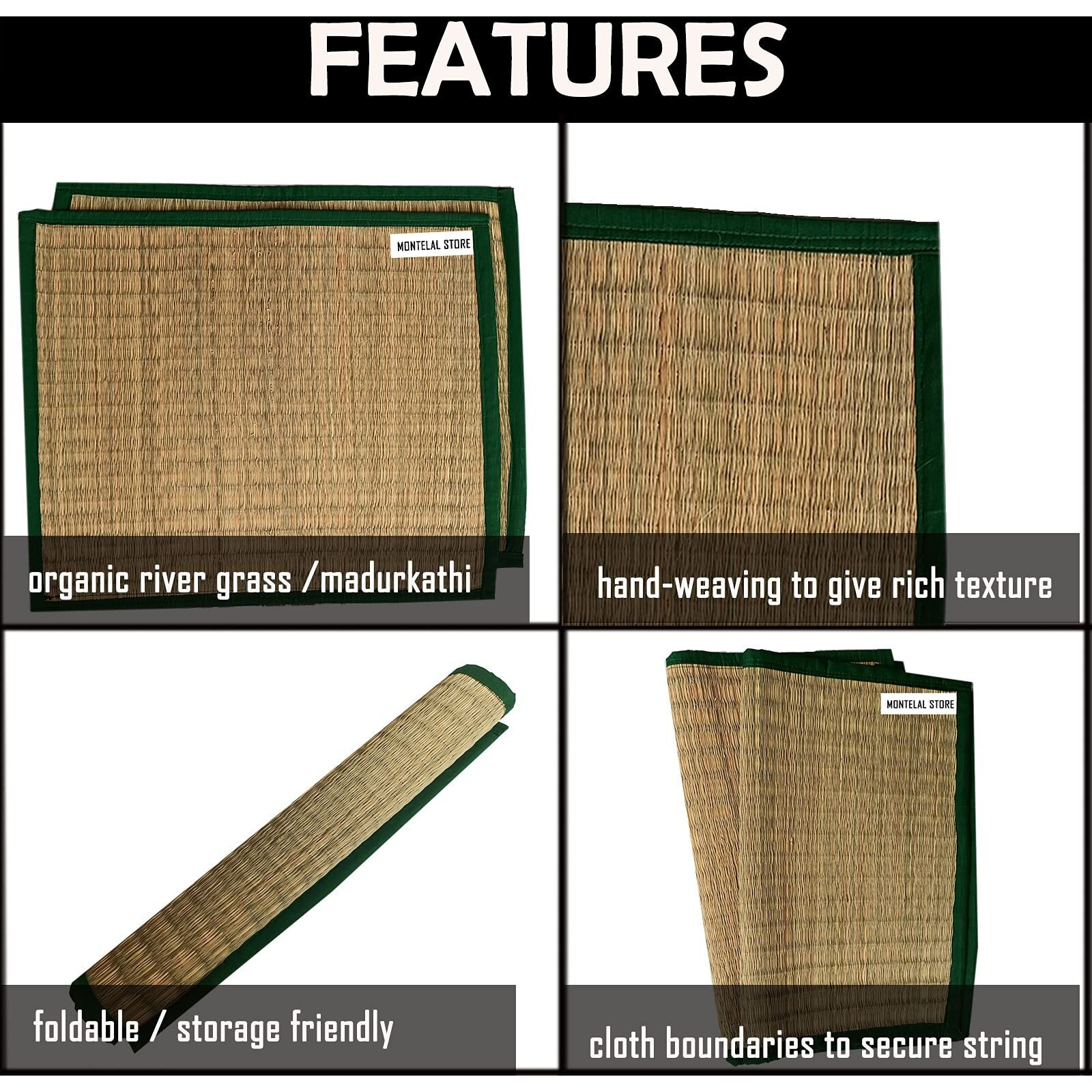 Montelal Store Kusha Grass Sitting Mat | Set of 2| handmade aasan for puja for sitting (Green, Korai Grasss, Jute Threads, 20 X 23 Inches)