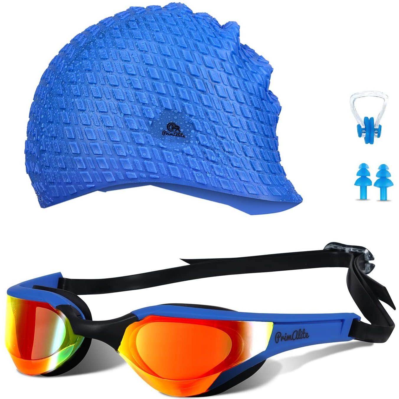 Primalite Swimming Goggles Mirrored & Swim Caps, Nose Clip, Ear Plug & Mesh Bag Set- 3 Sizes Nose Bridge | Silicone, Non-Slip Combo Kit, Anti-Fog, UV Protection, No Leaking- Adults Men Women-Dark Blue