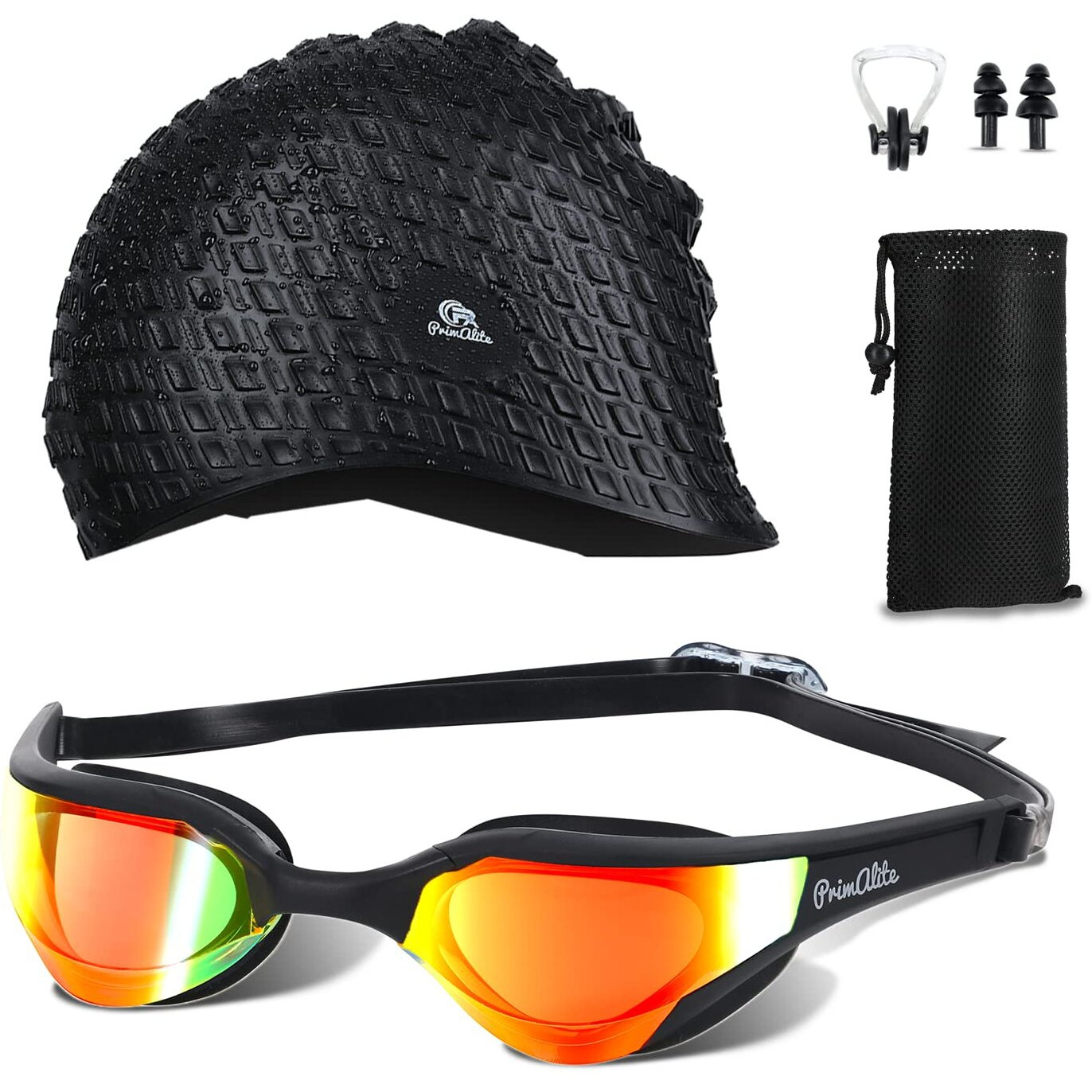 Primalite Swimming Goggles Mirrored & Swim Caps, Nose Clip, Ear Plug & Mesh Bag Set- 3 Sizes Nose Bridge | Silicone, Non-Slip Combo Kit, Anti-Fog, UV Protection, No Leaking- Adults Men Women-Jet Black
