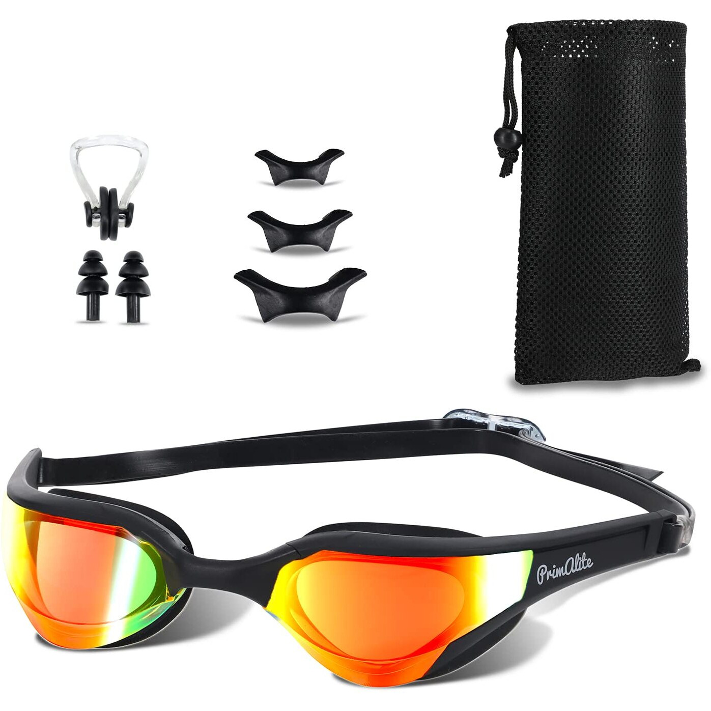 Primalite Swimming Goggles Mirrored & Swim Caps, Nose Clip, Ear Plug & Mesh Bag Set- 3 Sizes Nose Bridge | Silicone, Non-Slip Combo Kit, Anti-Fog, UV Protection, No Leaking- Adults Men Women-Jet Black