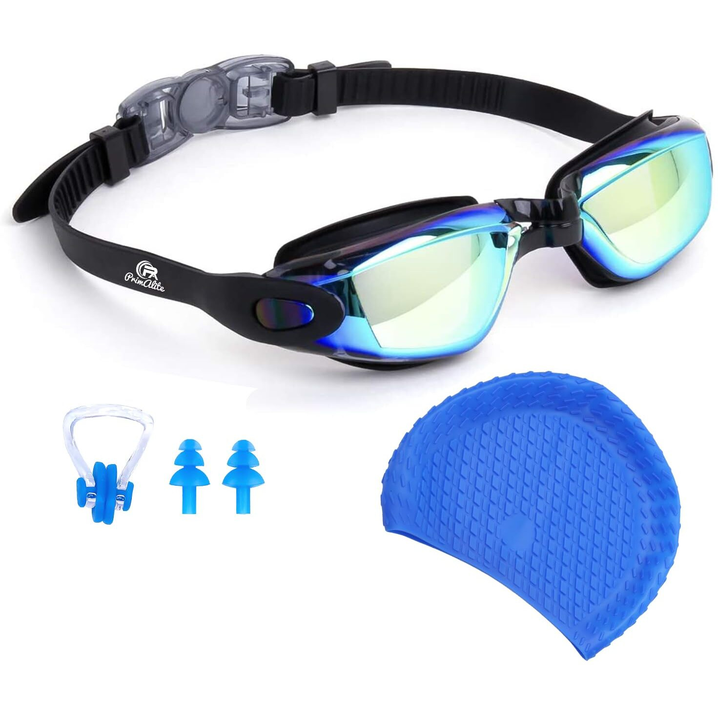 Primalite Swimming Kit- Swim Goggles and Swim Caps Combo Set, Nose Clip, Ear Plug & Case- Silicone Non-Slip Material on Glasses & Cap, Anti-Fog, UV Protection, Long Hair- Adults Men Women- Black-Blue