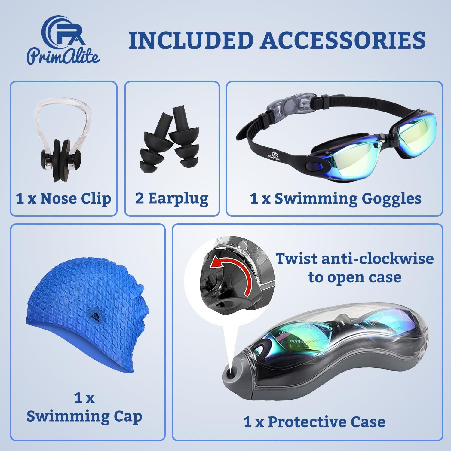 Primalite Swimming Kit- Swim Goggles and Swim Caps Combo Set, Nose Clip, Ear Plug & Case- Silicone Non-Slip Material on Glasses & Cap, Anti-Fog, UV Protection, Long Hair- Adults Men Women- Black-Blue