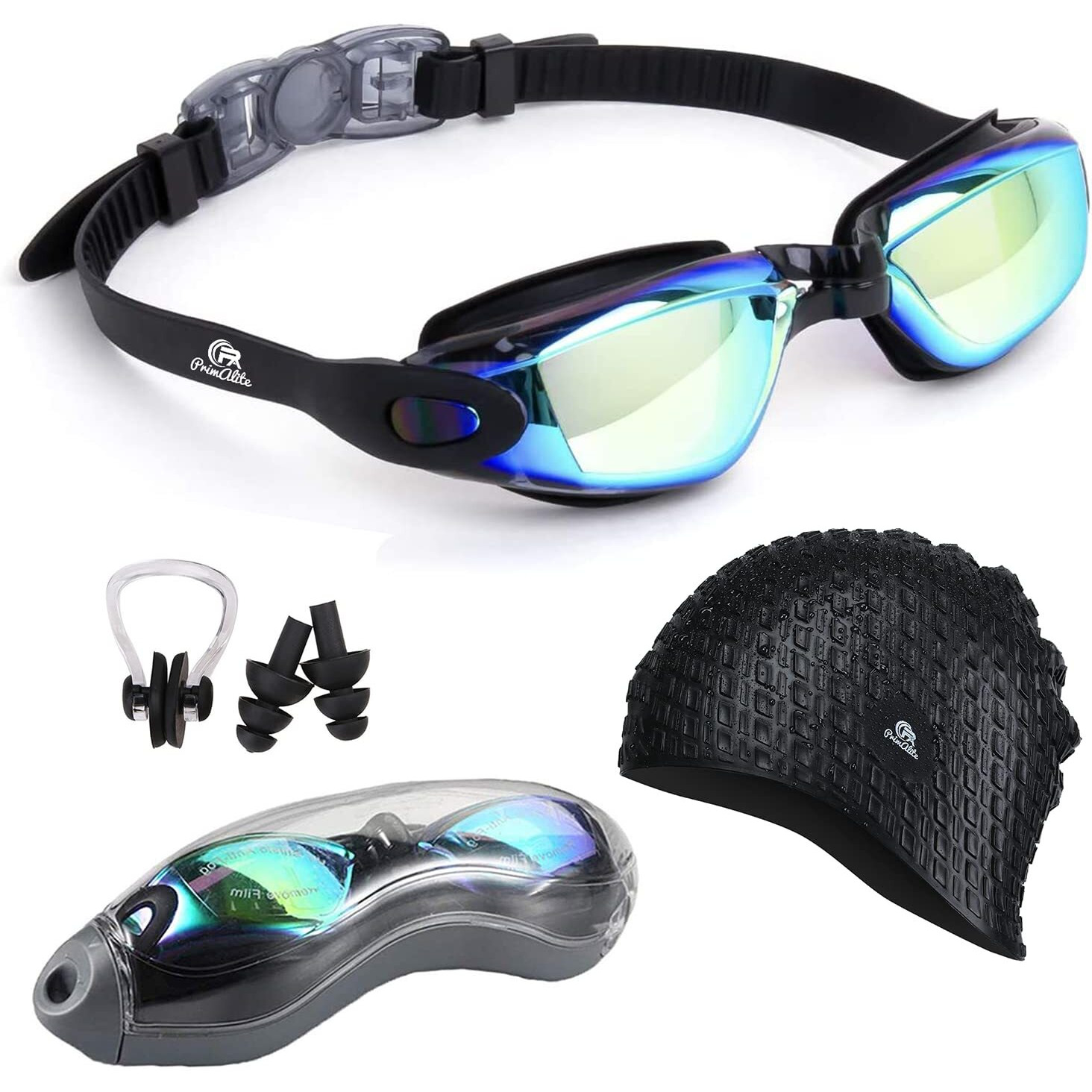 PrimAlite Swimming Kit- Swim Goggles and Swim Caps Combo Set, Nose Clip, Ear Plug & Case- Silicone Non-Slip Material on Glass & Cap, Anti-Fog, UV Protection, Long Hair- Adults Men Women- Black Edition