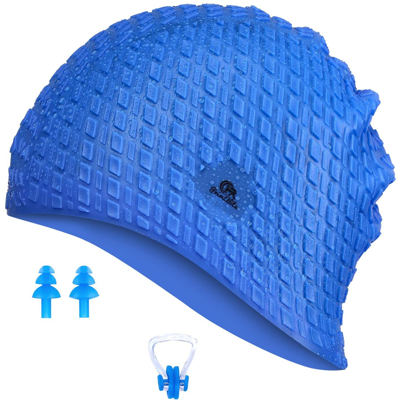 Primalite Silicone Swimming Cap with Nose Clip & Ear Plug- Long & Short Hair, Cover Ears to Keep Hair Dry, Waterproof Swim Caps, Anti-Slip Comfortable High Elasticity- Adults Men Women Kids- Dark Blue
