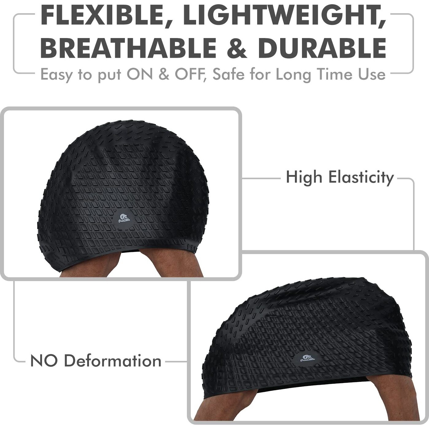 Primalite Silicone Swimming Cap with Nose Clip & Ear Plug- Long & Short Hair, Cover Ears to Keep Hair Dry, Waterproof Swim Caps, Anti-Slip Comfortable High Elasticity- Adults Men Women Kids- Jet Black