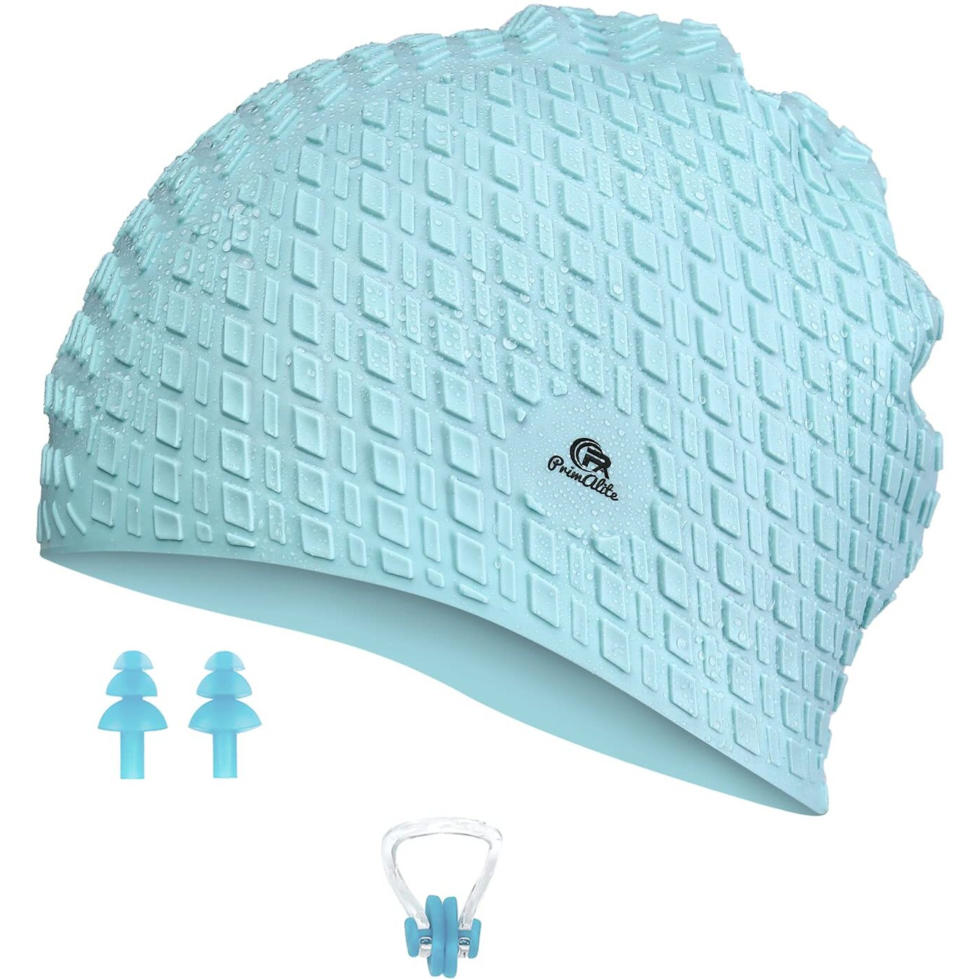 Primalite Silicone Swimming Cap with Nose Clip & Ear Plug- Long & Short Hair, Cover Ears to Keep Hair Dry, Waterproof Swim Caps, Anti-Slip Comfortable High Elasticity-Adults Men Women Kids- Mint Green