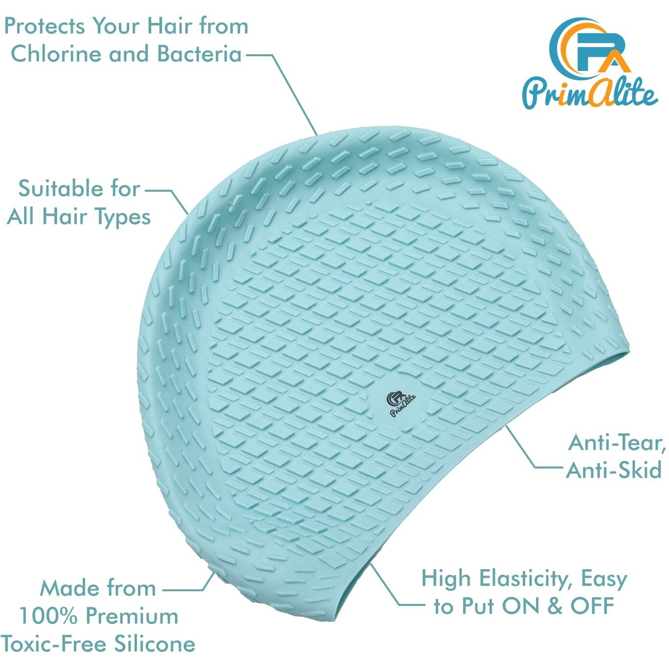 Primalite Silicone Swimming Cap with Nose Clip & Ear Plug- Long & Short Hair, Cover Ears to Keep Hair Dry, Waterproof Swim Caps, Anti-Slip Comfortable High Elasticity-Adults Men Women Kids- Mint Green