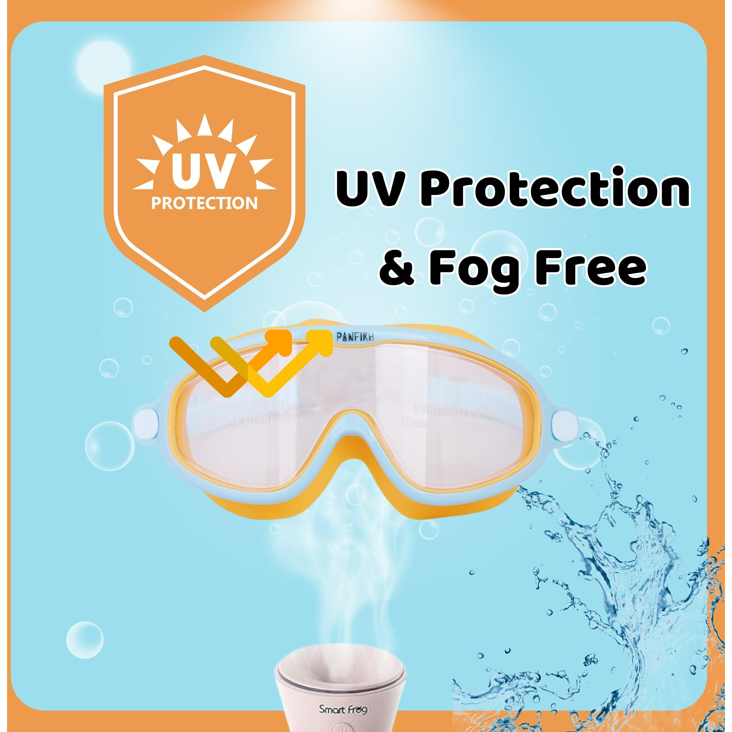 PANFIKH Swimming Goggles for Kids 6-14 Ages with Adjustable Strap Swimming Accessories Clear Lenses Swimming Goggles for Women Swimming Gear - Big Frame Goggle, Leakproof, Anti-Fog (Blue-Orange)