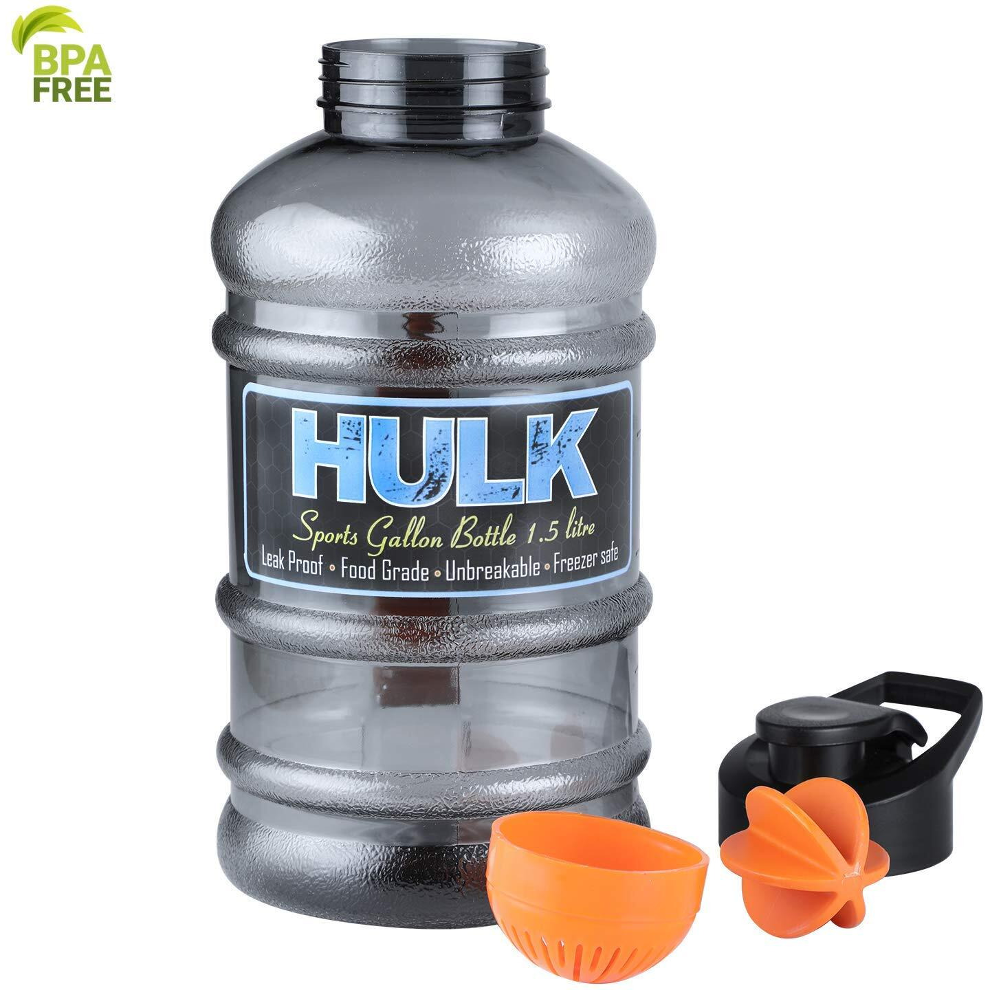 DOVEAZ  Plastic Hulk Sports Water Bottles for Office use Protein Shaker Bottle Gallon Water Bottle 1.5 Liter with Mixer Ball and Strainer (BPA-Free, Unbreakable, Freezer Safe) Assorted Color