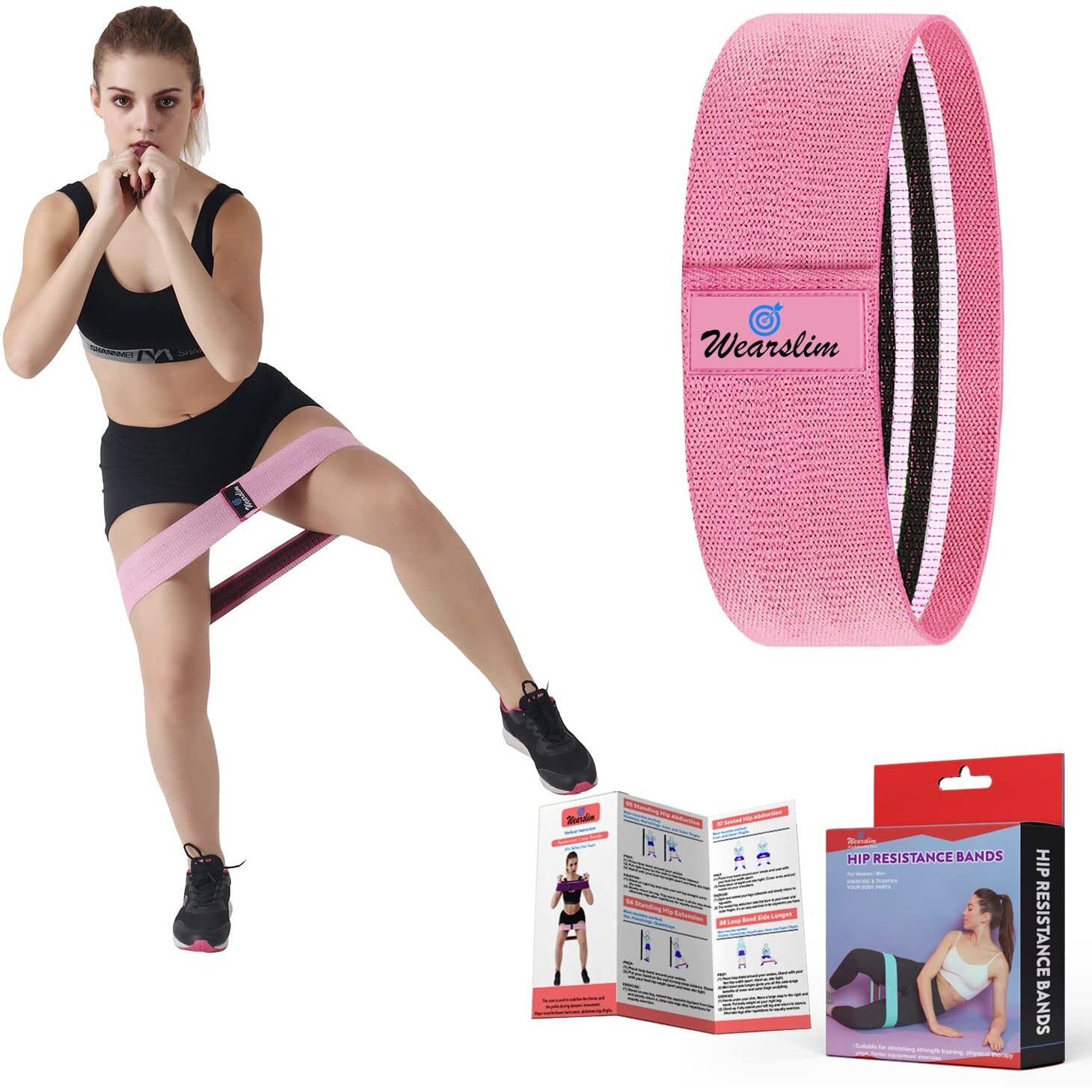 Wearslim Professional Resistance Anti Slip Circle Fitness Elastic Loop Bands Set for Legs and Butt, Exercise Wide Workout (Medium, 14.5 Inch, Pink) Natural Rubber