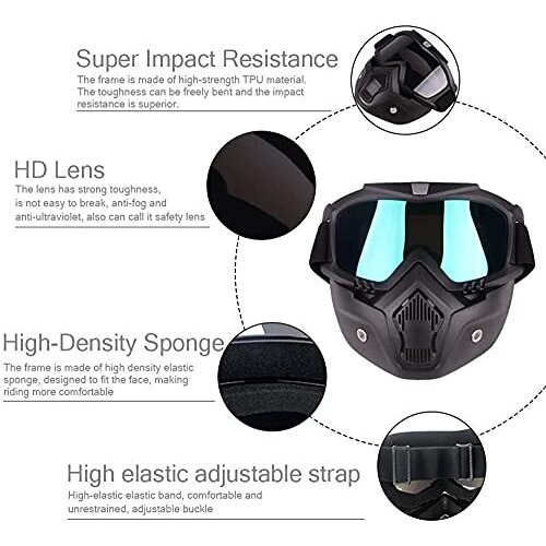 FABSPORTS protective goggles with detachable mask, Anti UV, Windproof, soft foam padded for comfort. Used for Motorcycle, Dirt Bike off road, ATV Ride, snowboarding, skiing, cycling etc