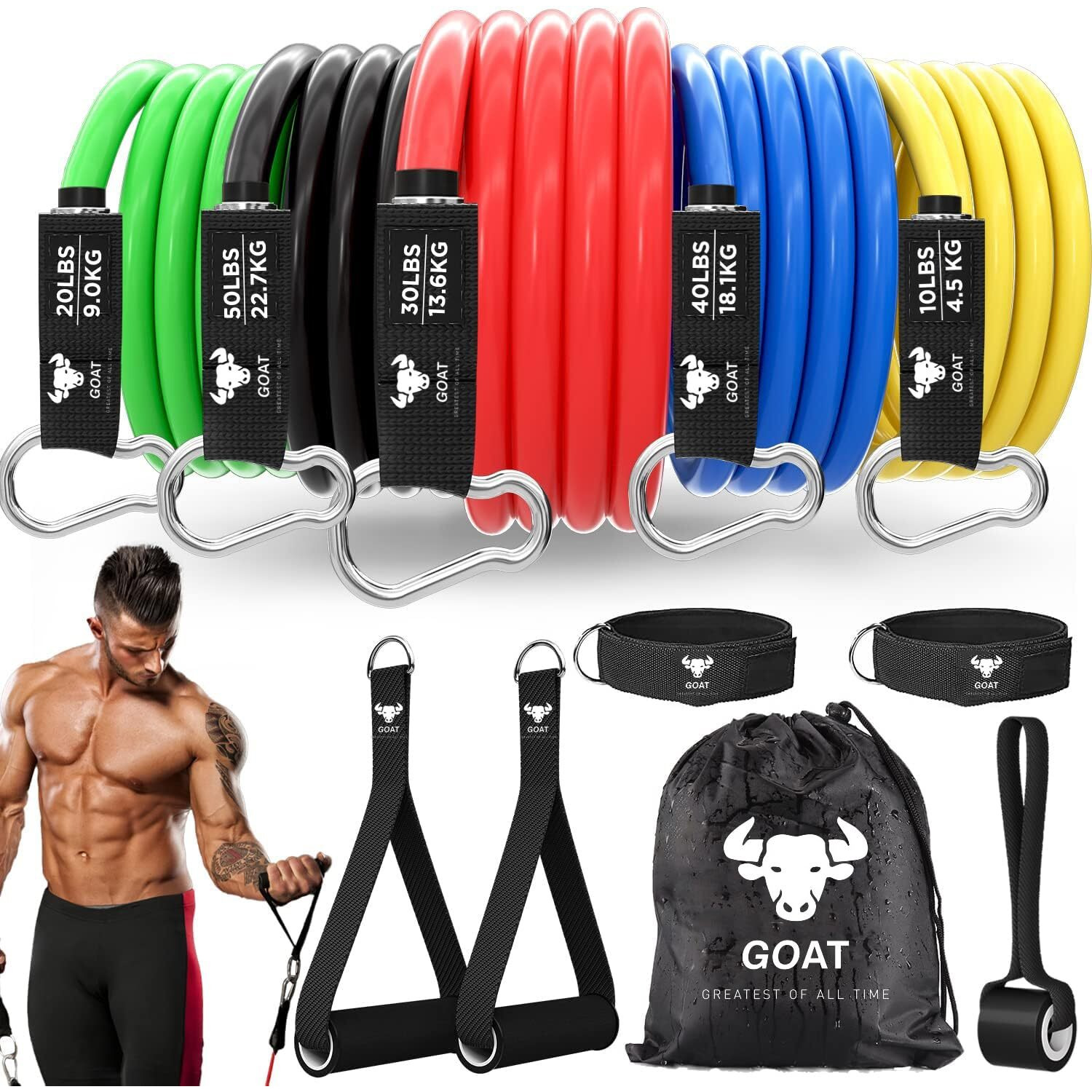 GOAT Resistance Tube Bands with 30+ Exercise, Resistance Tube with Foam Handles, Door Anchor for Exercise, Suitable in Home & Gym for Men & Women (Set of 11 Tube Bands)