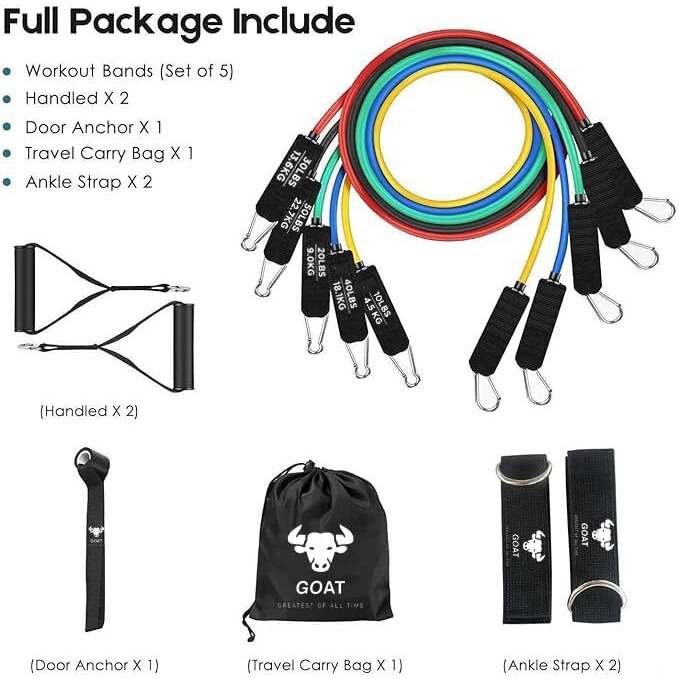 GOAT Resistance Tube Bands with 30+ Exercise, Resistance Tube with Foam Handles, Door Anchor for Exercise, Suitable in Home & Gym for Men & Women (Set of 11 Tube Bands)
