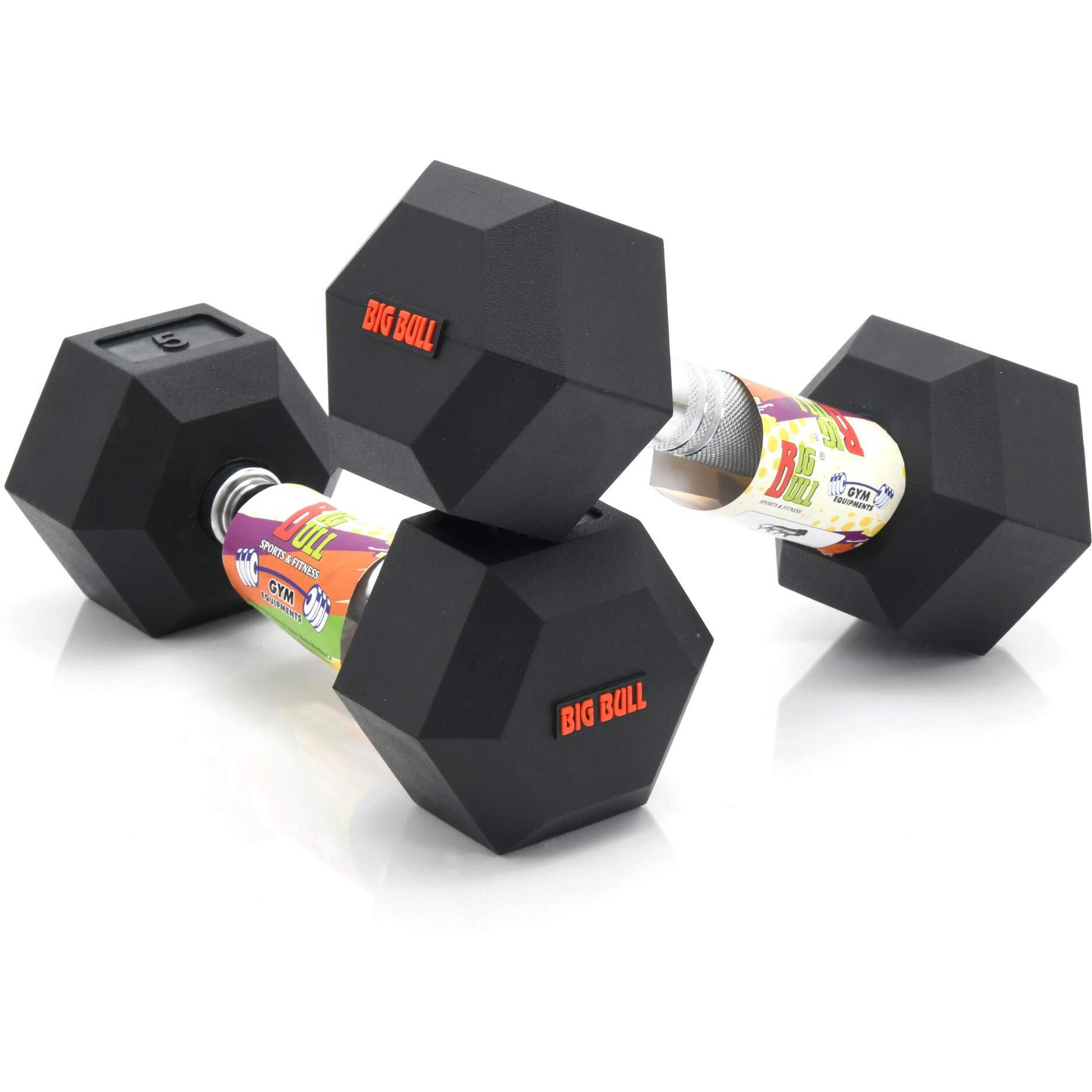 BIGBULL Rubber Coated Solid Hex Dumbbell (Pack Of Two) (5 Kg x 2pc (Total  10 kg))