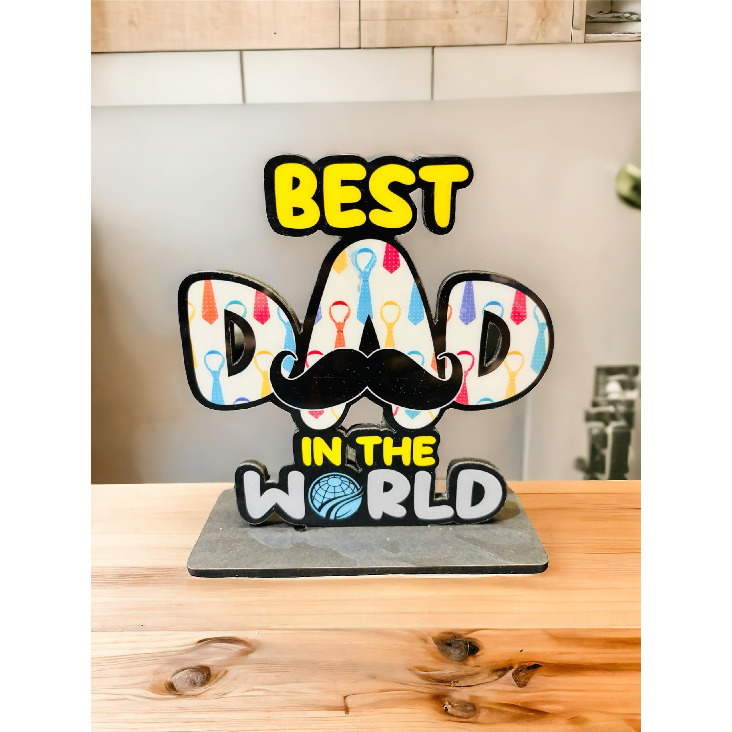 WARMINGO DE Best Dad In The World Wooden Trophy gift For Father or Dad | Fathers day Gift | Best Gift For Dad (Multicolor 6 x 5.5 Inches)