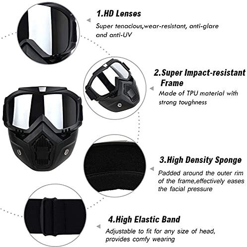 FABSPORTS protective goggles with detachable mask, Anti UV, Windproof, soft foam padded for comfort. Used for Motorcycle, Dirt Bike off road, ATV Ride, snowboarding, skiing, cycling etc