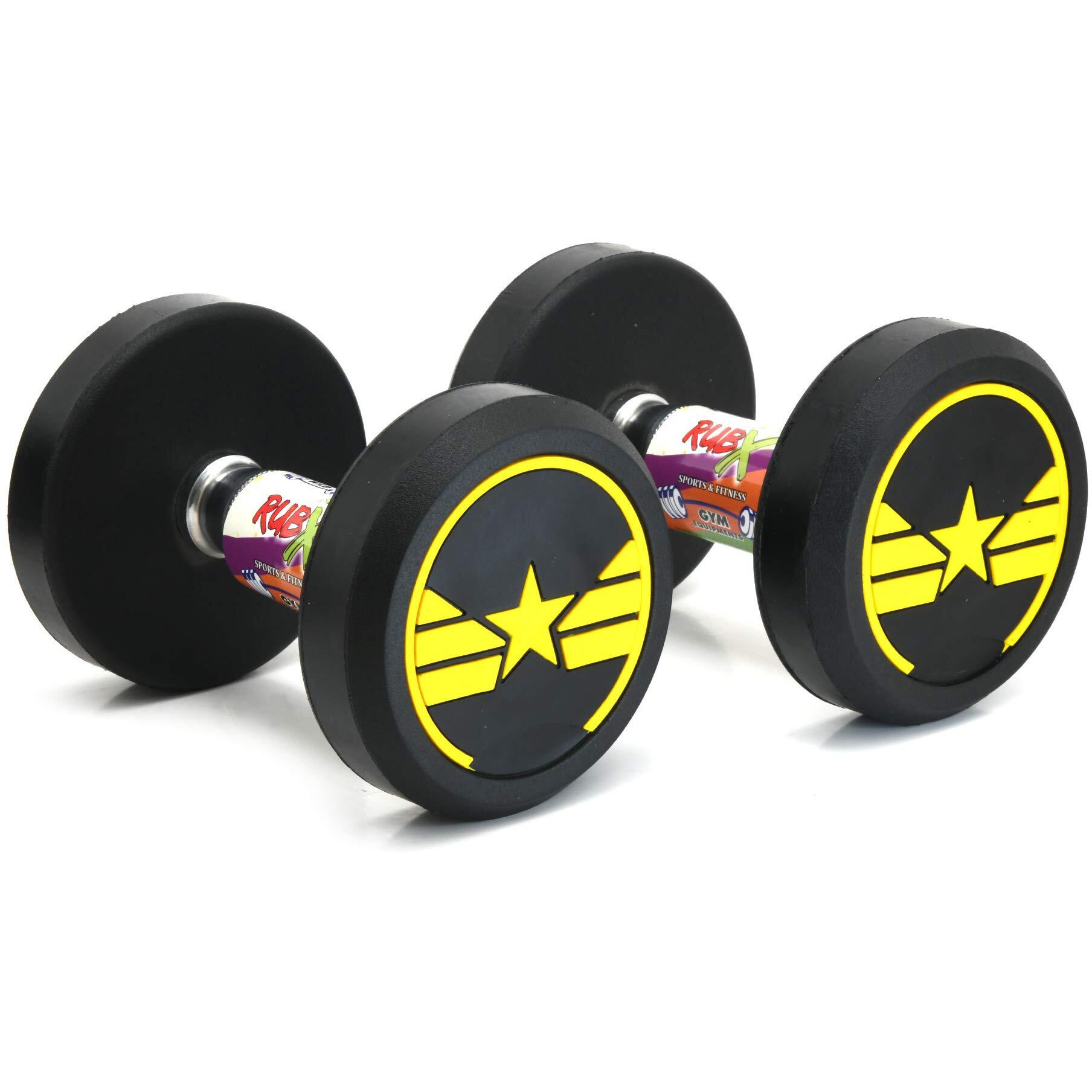 RUBX Rubber Coated Professional Round Dumbbells (STAR) (YELLOW, 10 KG PAIR)