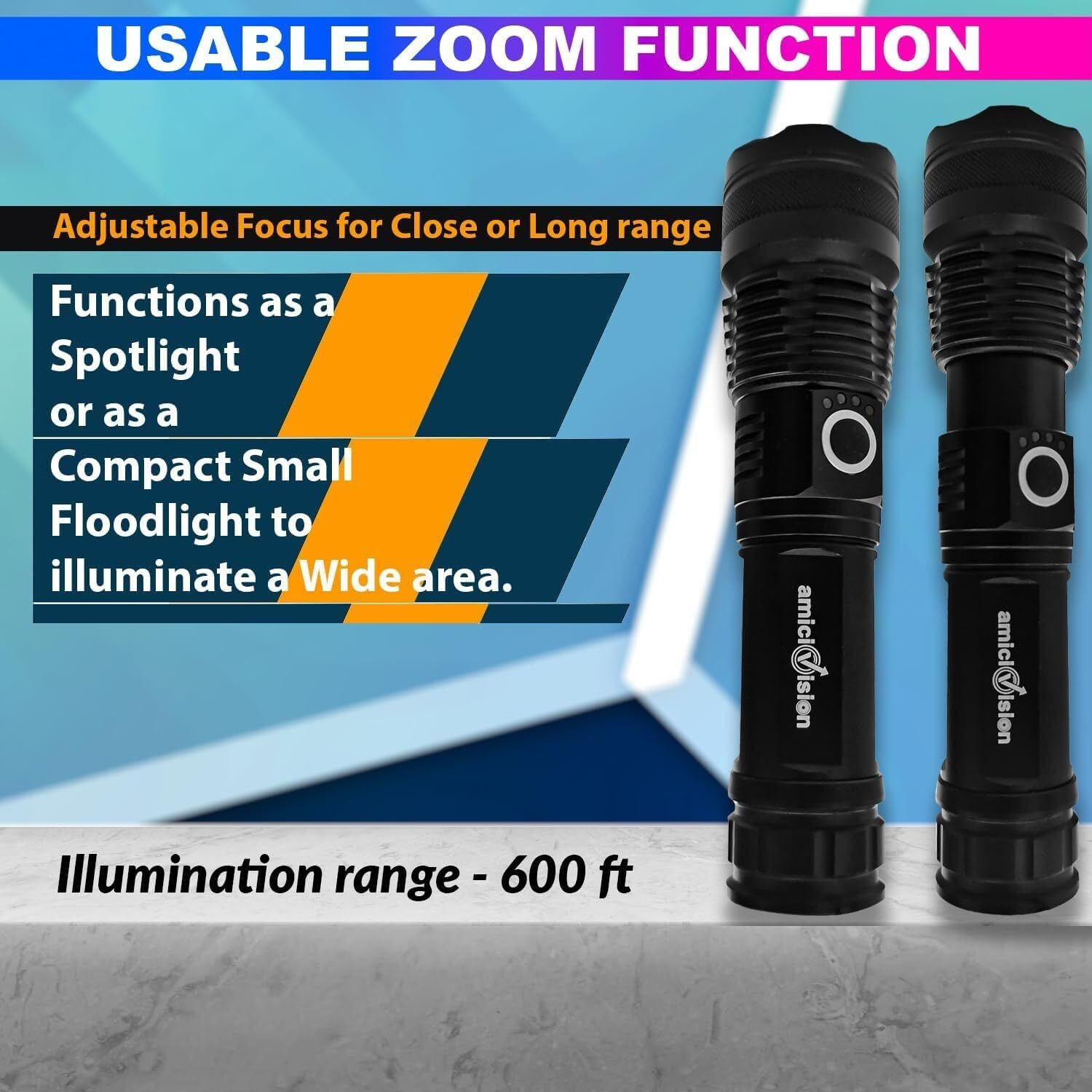 amiciVision Rechargeable Flashlight With Zoom Function- Led Metal Torch With 5 Lighting Modes For Camping, Hiking And Emergency Situations, 800 Lumen