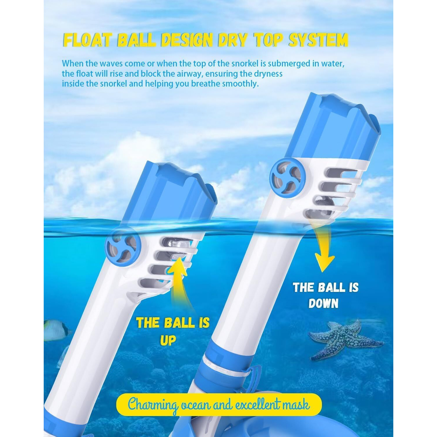 Delavala Full Face Snorkeling Mask Diving Gear - Latest Dry Top System,180 Degree Panoramic View Snorkeling Mask with Camera Mount,Safe Breathing,Anti-Leak Anti-Fog-Swim Fins (Blue - Small Medium)