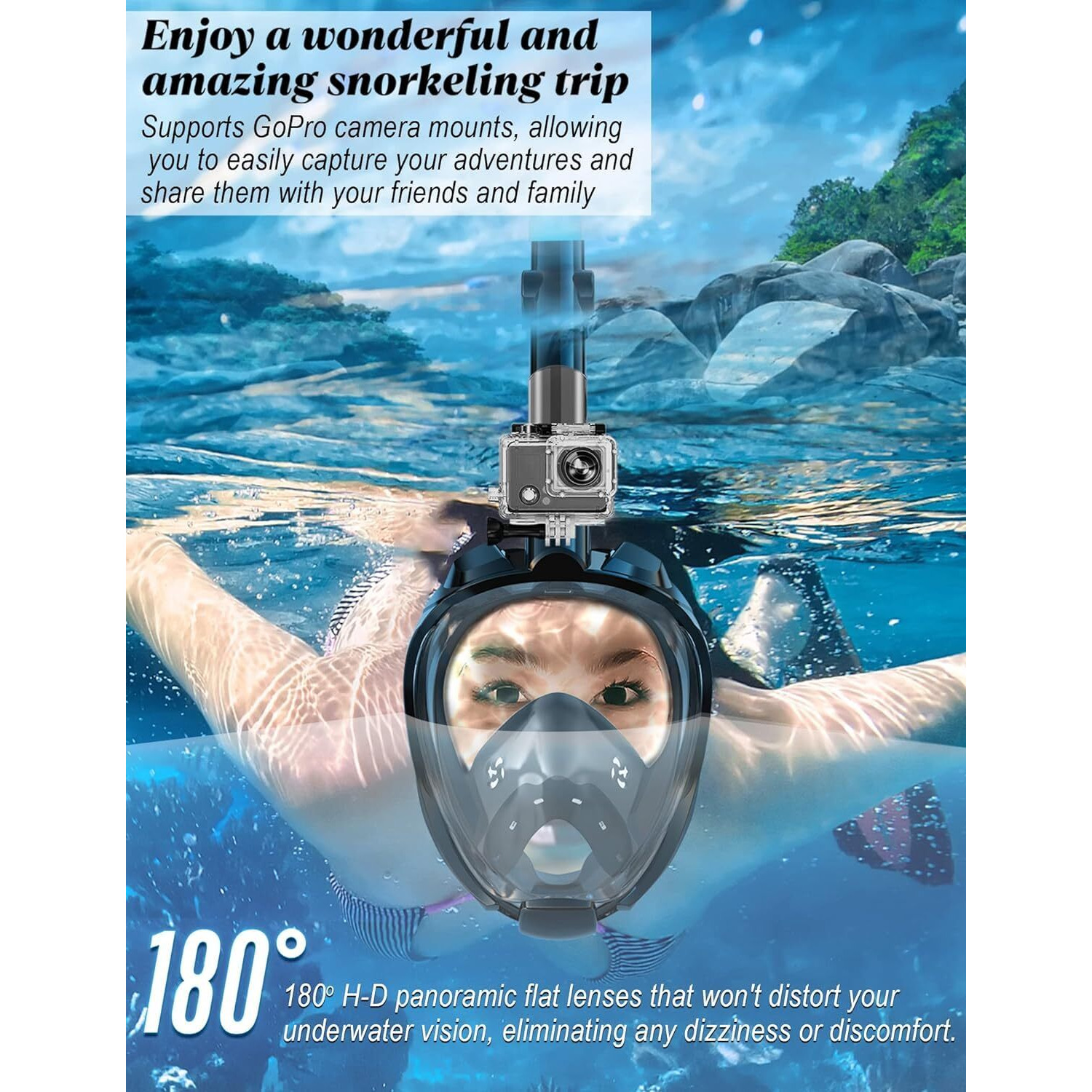 Delavala Full Face Snorkeling Mask Diving Gear - Latest Dry Top System,180 Degree Panoramic View Snorkeling Mask with Camera Mount,Safe Breathing,Anti-Leak Anti-Fog-Swim Fins (Black - Large X-Large)