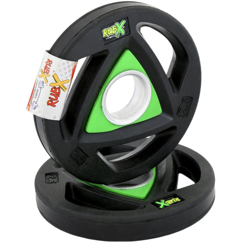 RUBX Rubber Coated Metal Integrated Tri-Grip Olympic Weight Plates 50 MM Center Hole Diameter (2.5)