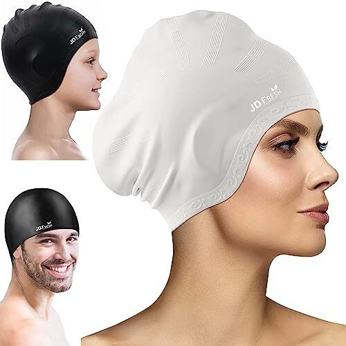 JD Fresh swimming cap for men & Women for Long hair & adults with ear cover protection Chlorine Resistant Head Cap, waterproof swimming caps for kids (Grey)
