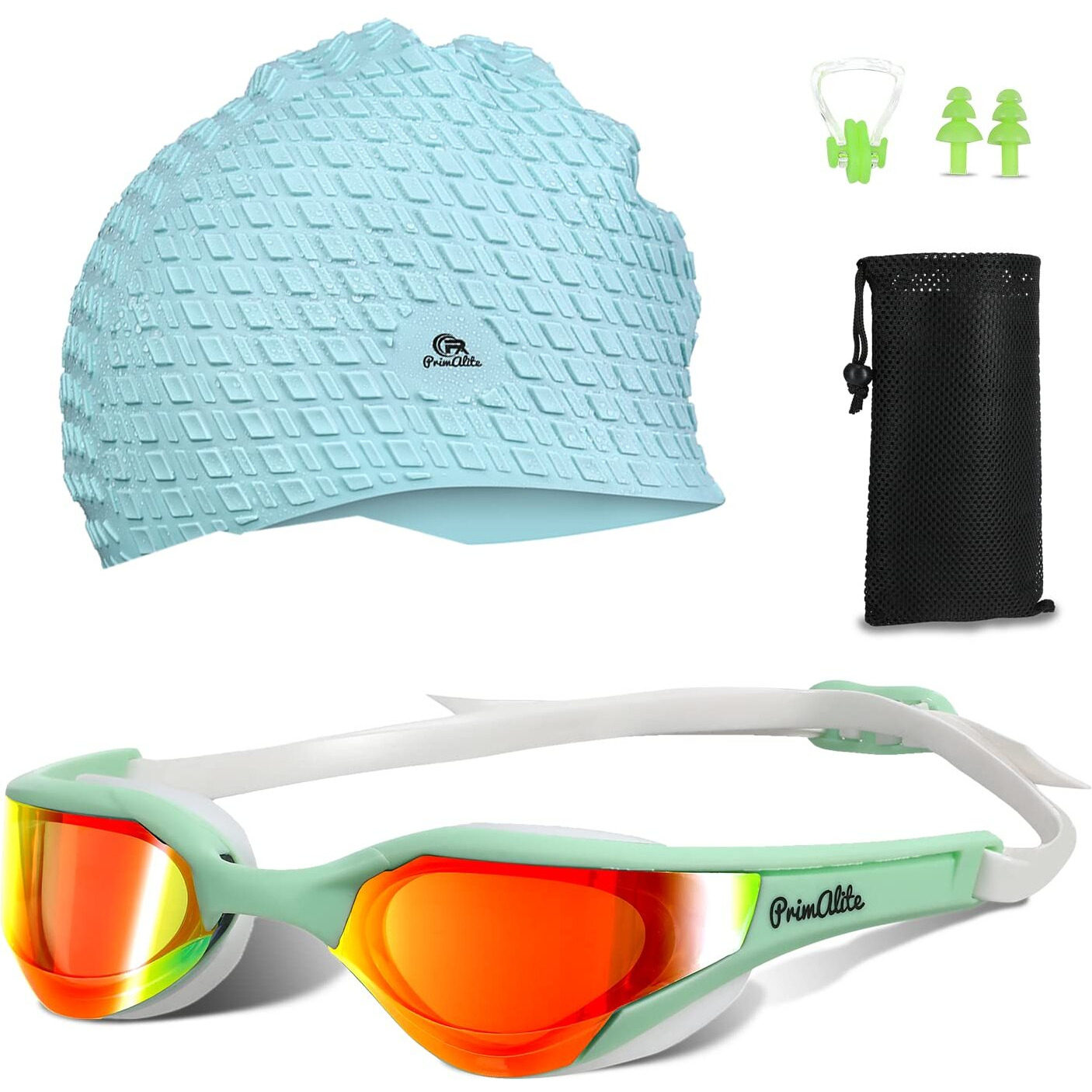 Primalite Swimming Goggles Mirrored & Swim Caps, Nose Clip, Ear Plug & Mesh Bag Set- 3 Sizes Nose Bridge | Silicone, Non-Slip Combo Kit, Anti-Fog, UV Protection, No Leaking- Adults Men Women- Green