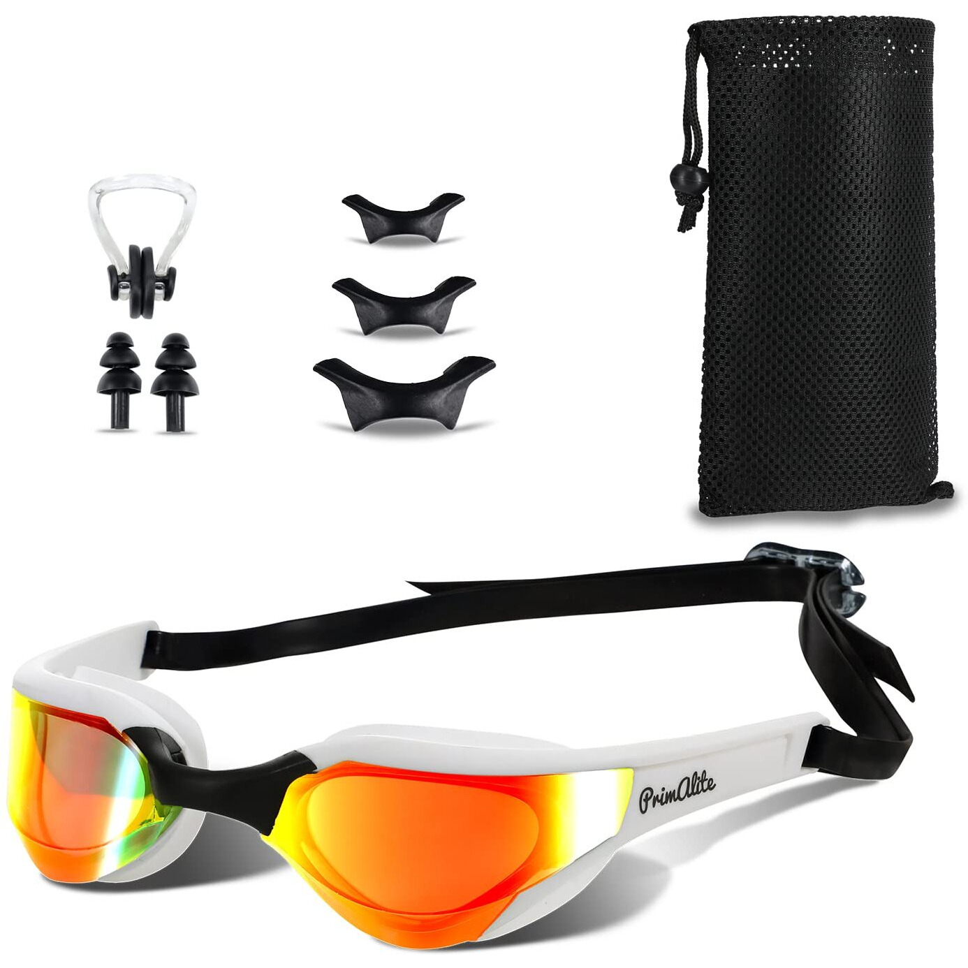 Primalite Swimming Goggles Mirrored & Swim Caps, Nose Clip, Ear Plug & Mesh Bag Set- 3 Sizes Nose Bridge | Silicone, Non-Slip Combo Kit, Anti-Fog, UV Protection, No Leaking- Adults Men Women- White