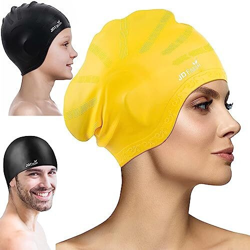 JD Fresh swimming cap for men & Women for Long hair & adults with ear cover protection Chlorine Resistant Head Cap, waterproof swimming caps for kids (Yellow)