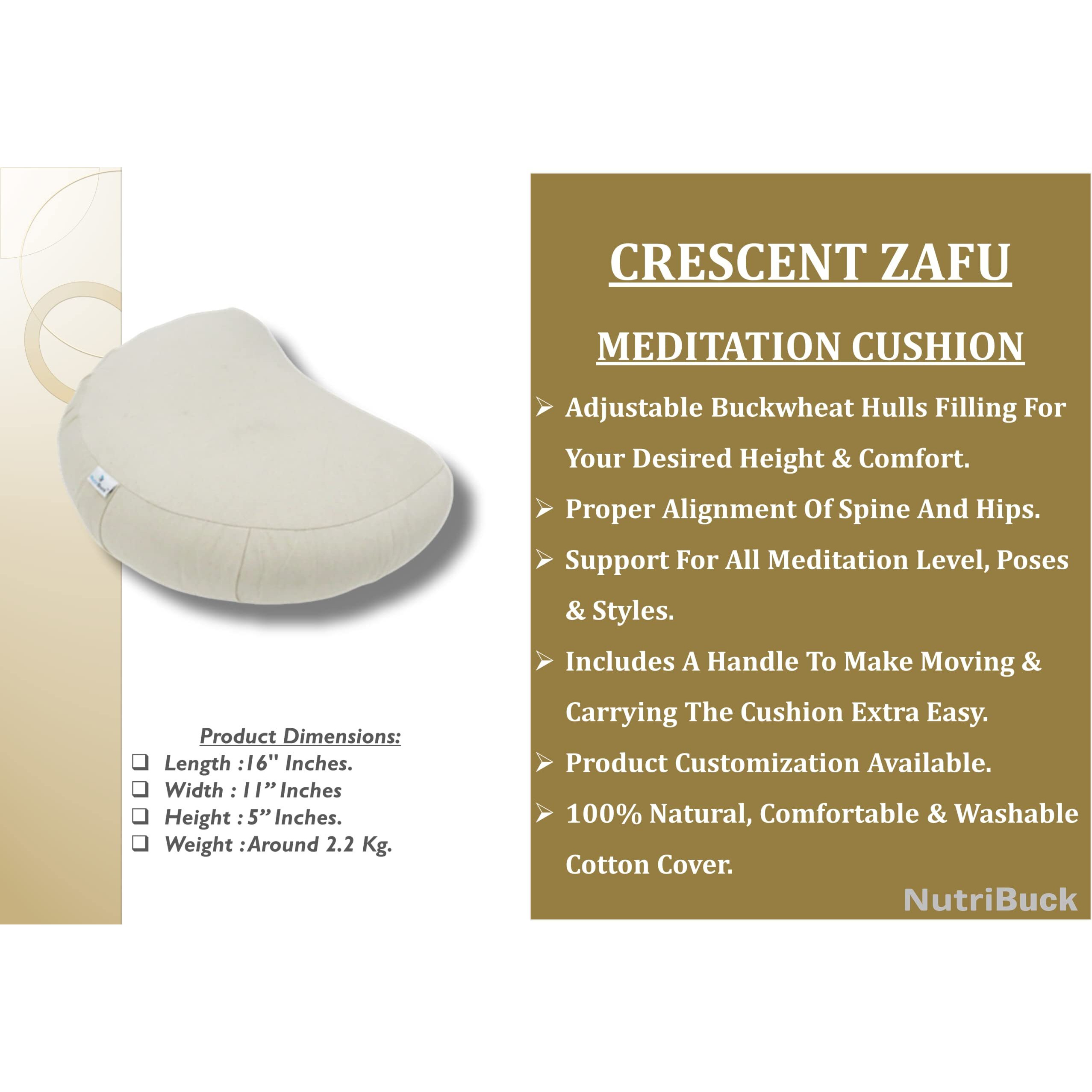 NutriBuck ZAFU & Zabuton Meditation Yoga Mat Cushion Combo Filled with Buckwheat Hulls, Experience Holistic Comfort, and Mindfulness in Every Meditation Session. (Crescent Zafu and Zabuton (Cream))