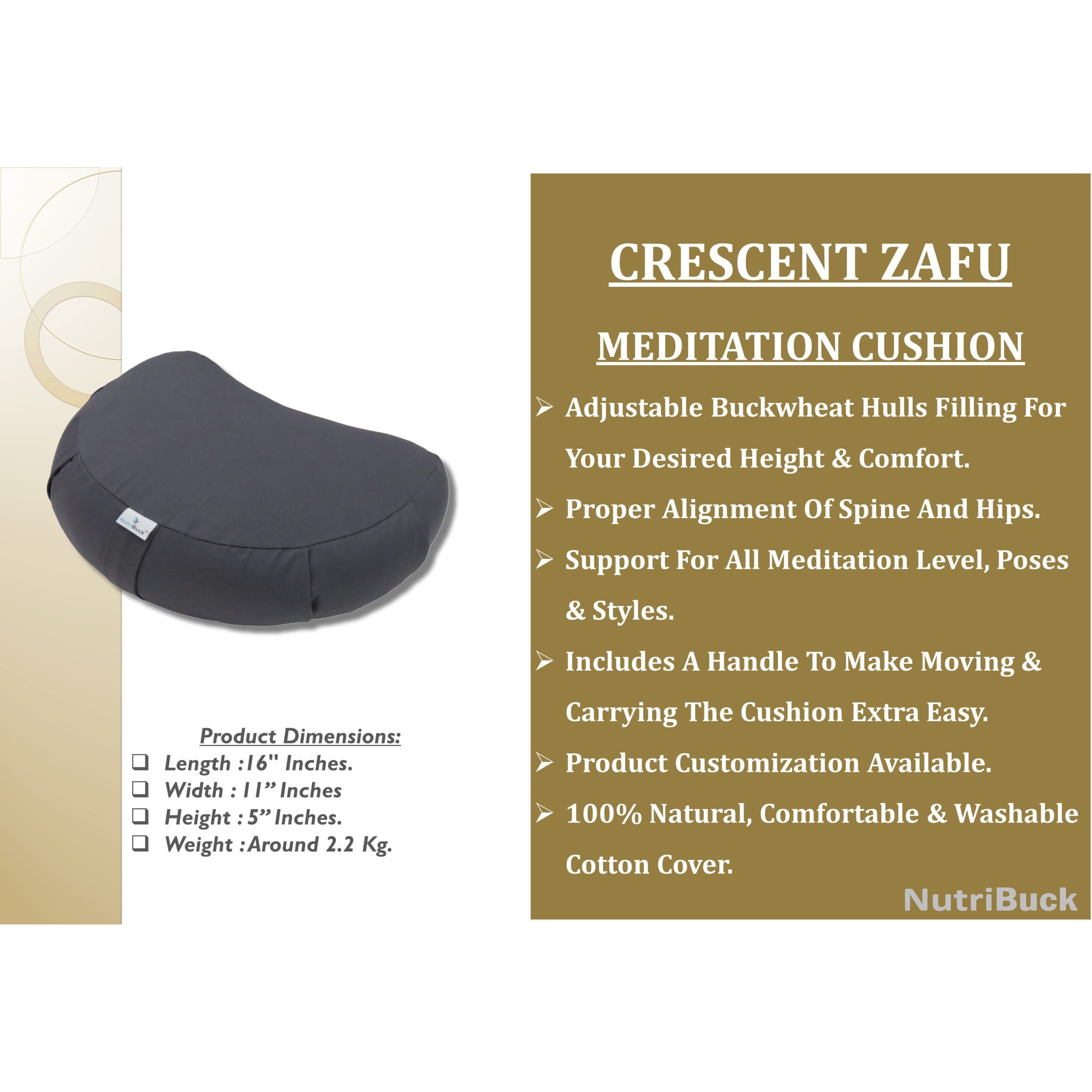 NutriBuck ZAFU & Zabuton Meditation Yoga Mat Cushion Combo Filled with Buckwheat Hulls (Crescent Zafu and Zabuton (Grey))