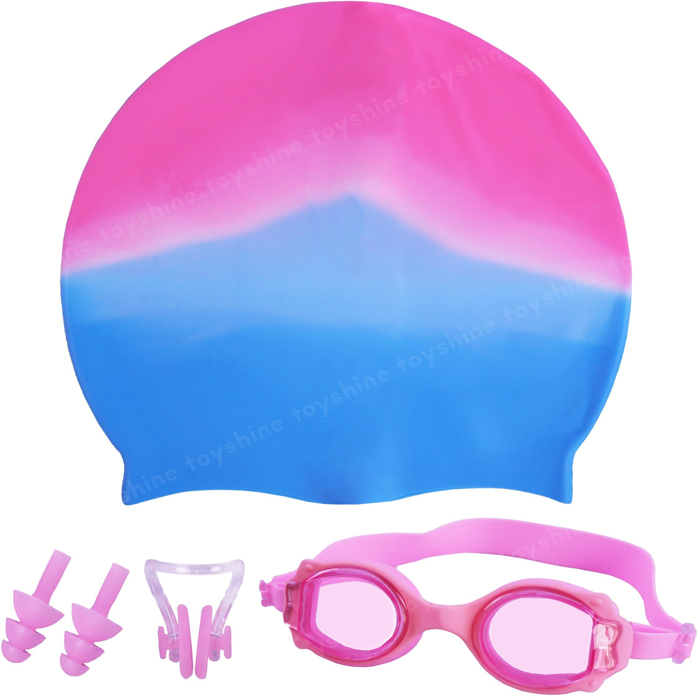 Toyshine 3 Pc Swim Set - Dual Color Swim Cap and Swimming Goggles with Nose Clip and Ear Buds Unisex Set for Age 5-15 Boys Girls - Multi