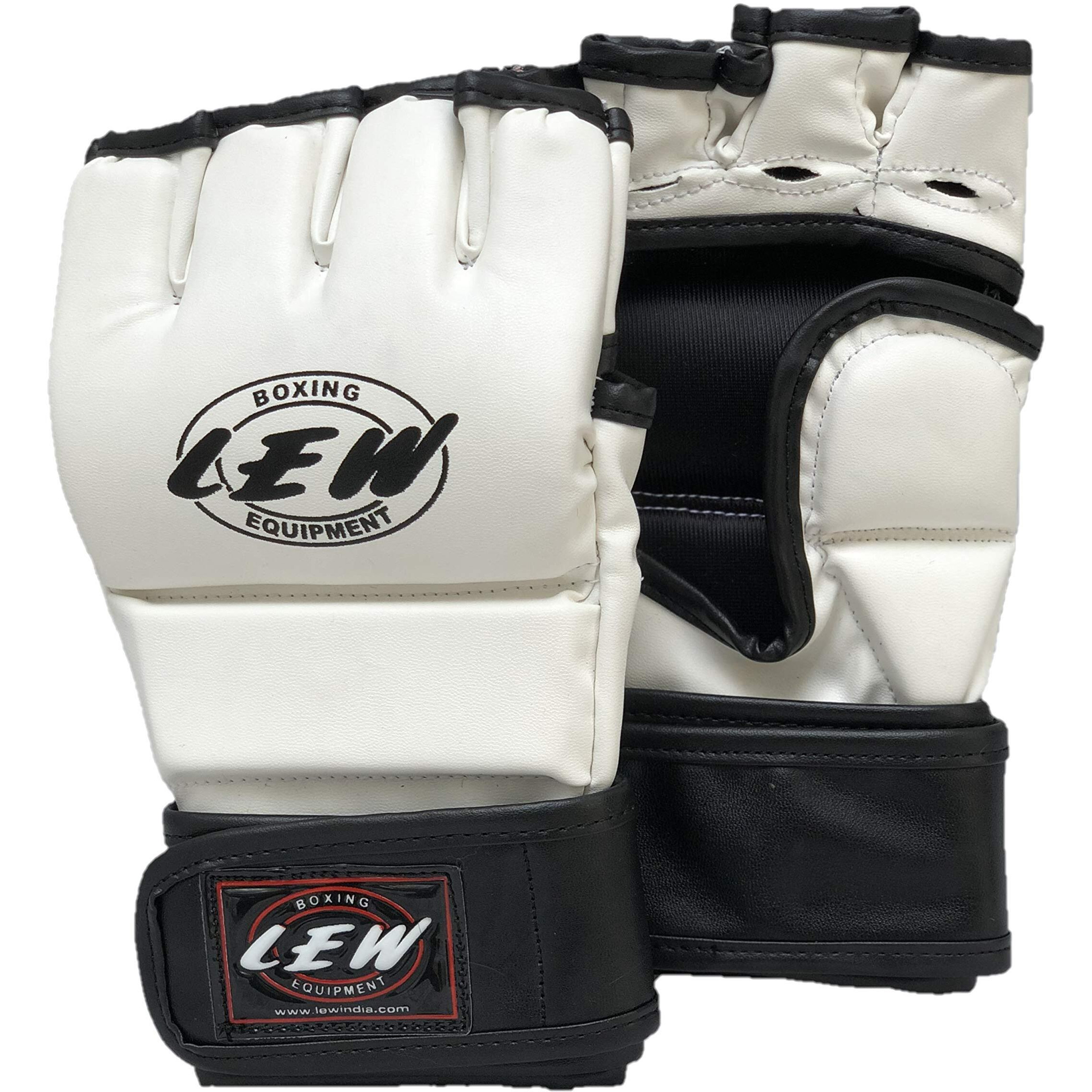 LEW White Black Martial Arts Training & Sparring | Palm-O Maya Hide Leather Grappling Mitts |Good for Kickboxing, Muay Thai, Cage Fighting, Punching Bag (White Black, Small Medium)