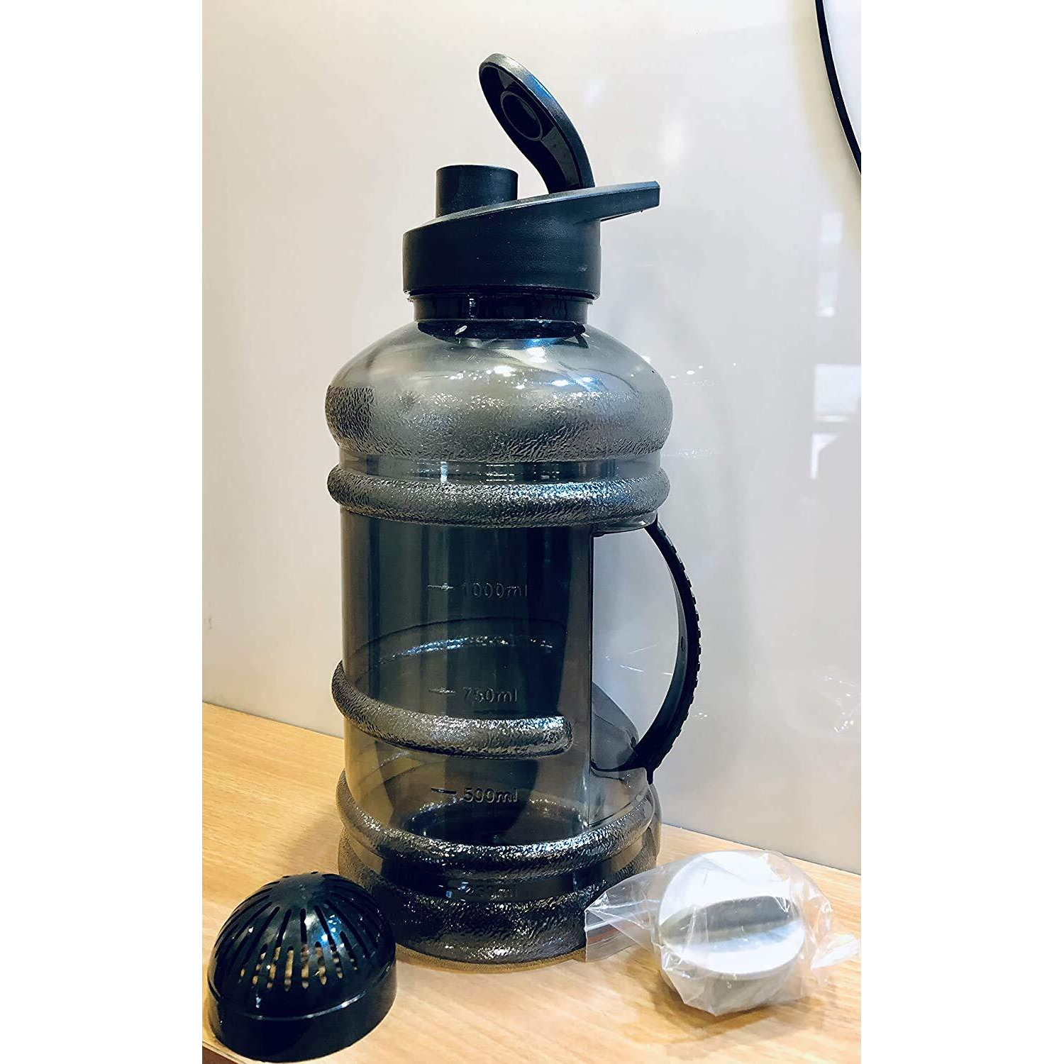 DOVEAZ Gym Gallon Water Bottle with Protein Funnel & Container with Key-Chain, Protein Shaker Bottle - BPA-Free, Unbreakable, Freezer Safe (1500ml, Black, Plastic)