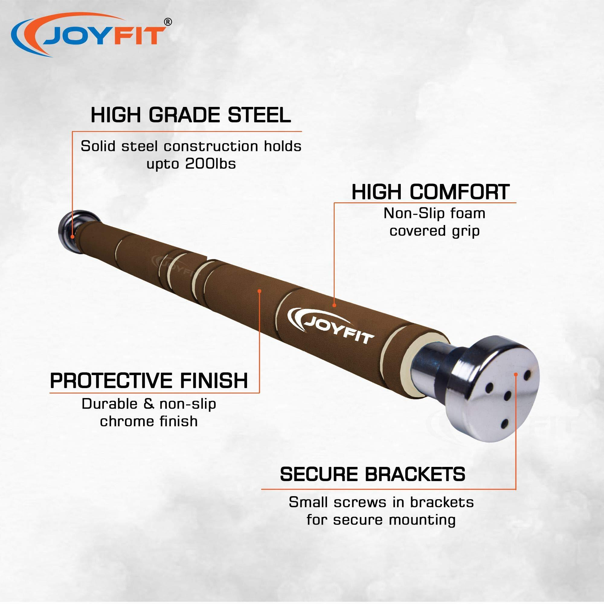 Joyfit Home Exercise Pull Up Bar|Door Safety Cap With Perfect Door Frame Fit|Chin up Bar with Easy Installation| Long Foam Grips for Upper & Lower Body Exercises for Men & Women (Brown & White)