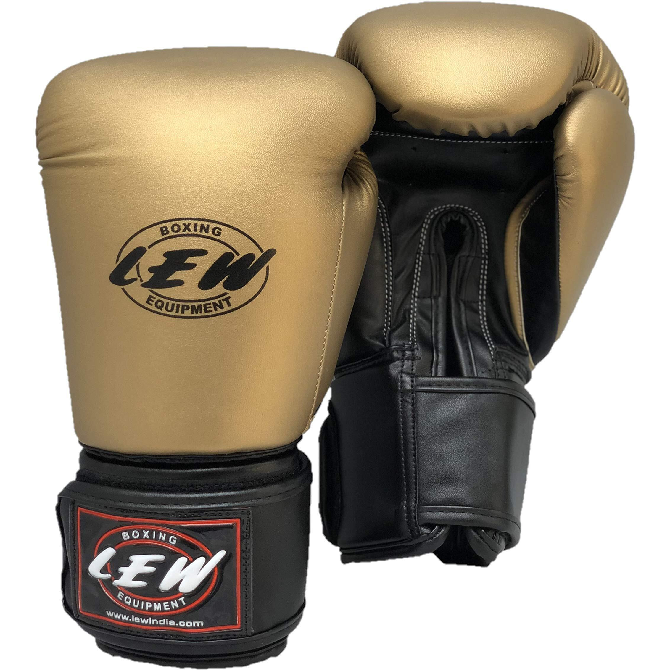 LEW Gold Boxing Gloves for Training Muaythai Punching Bag Sparring with a Pair of Hand Wraps (Gold, 12 OZ)