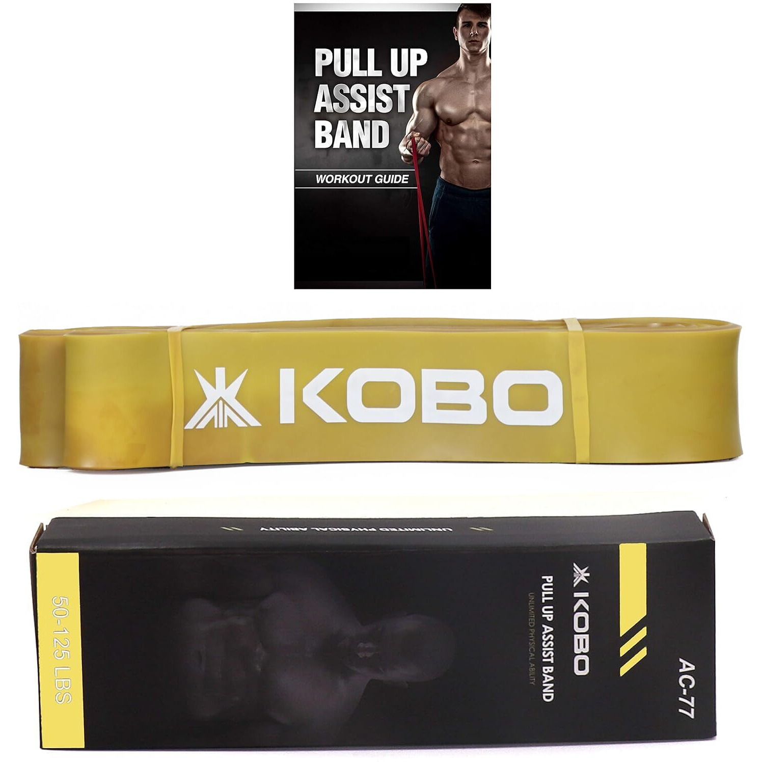 Kobo AC-77 Power Loop Resistance Band Rubber Pull Up Assist Bands 41 Inch| Mobility & Body Stretching, Powerlifting, Resistance Training, Tension 50-125 LBS, (Yellow) Workout Guide Booklet