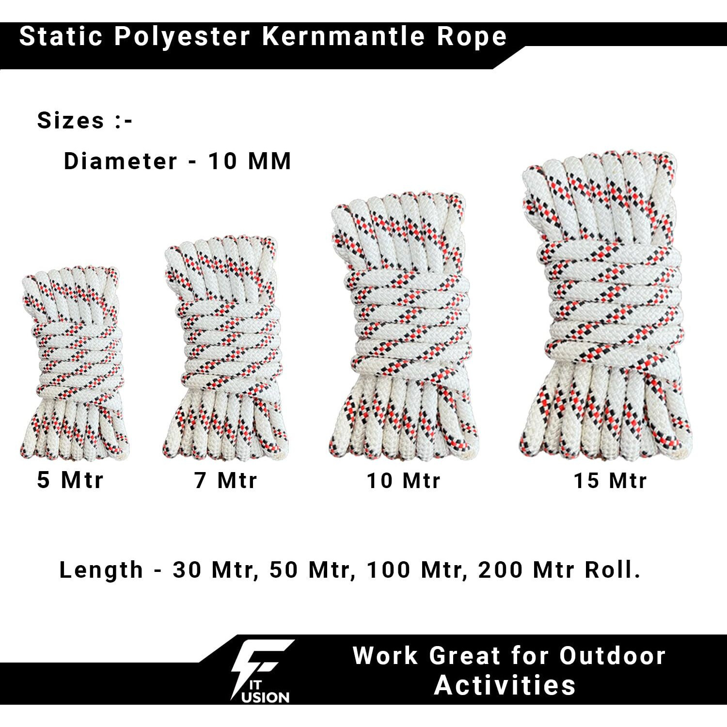 Fit Fusion Climbing Rope, 10MM Static Hiking, Rescue and Parachute, Rappelling Rope, Mountaineering, 32 Strands Strong Rope, Breaking Resistance - 23 KN, Maximum Impact Force - 17.5 KN (5M)