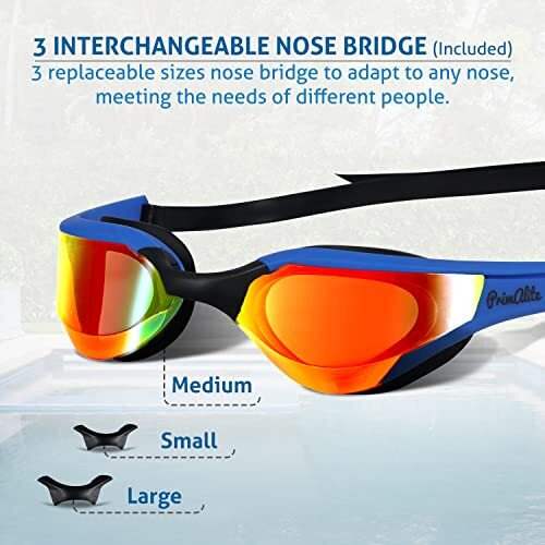 Primalite Swimming Goggles Mirrored- 3 Sizes Replaceable Nose Bridge | Anti-Fog, UV Protection for Adults Men Women- Free Nose Clip, Ear Plugs, Mesh Bag- No Leaking, Adjustable Strap, Wide View- White