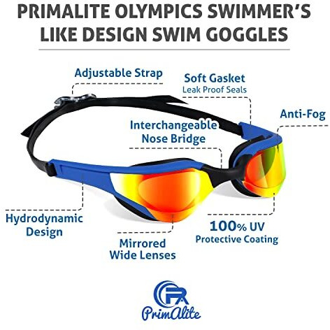 Primalite Swimming Goggles Mirrored- 3 Sizes Replaceable Nose Bridge | Anti-Fog, UV Protection for Adults Men Women- Free Nose Clip, Ear Plugs, Mesh Bag- No Leaking, Adjustable Strap, Wide View- White